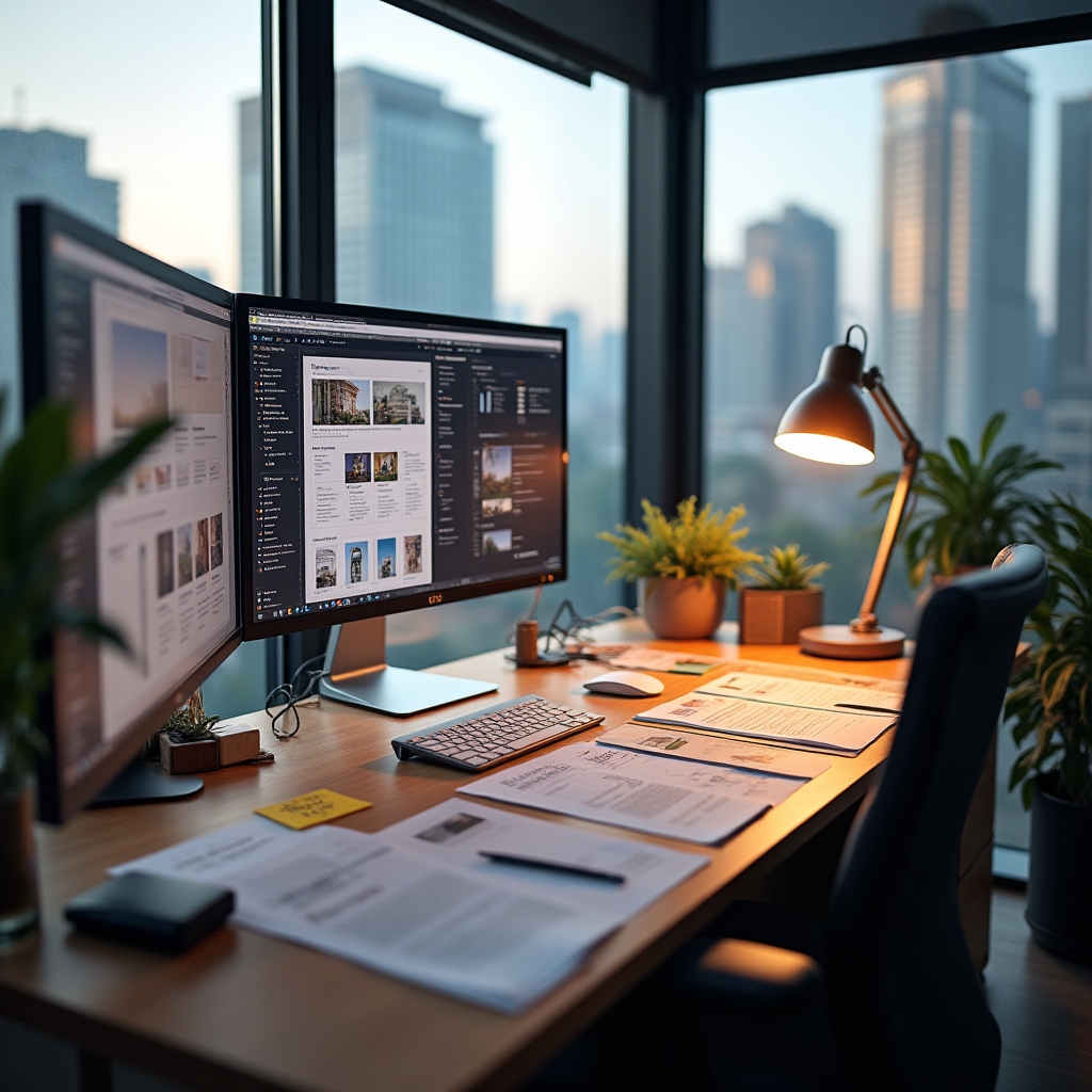 Designer's workspace showing template design process with color swatches, typography samples, and layout sketches on a large monitor