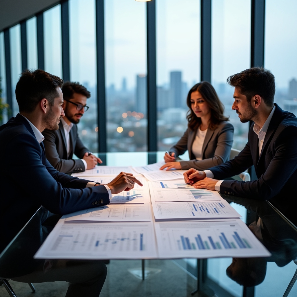 Professional team reviewing project progress reports around a conference table