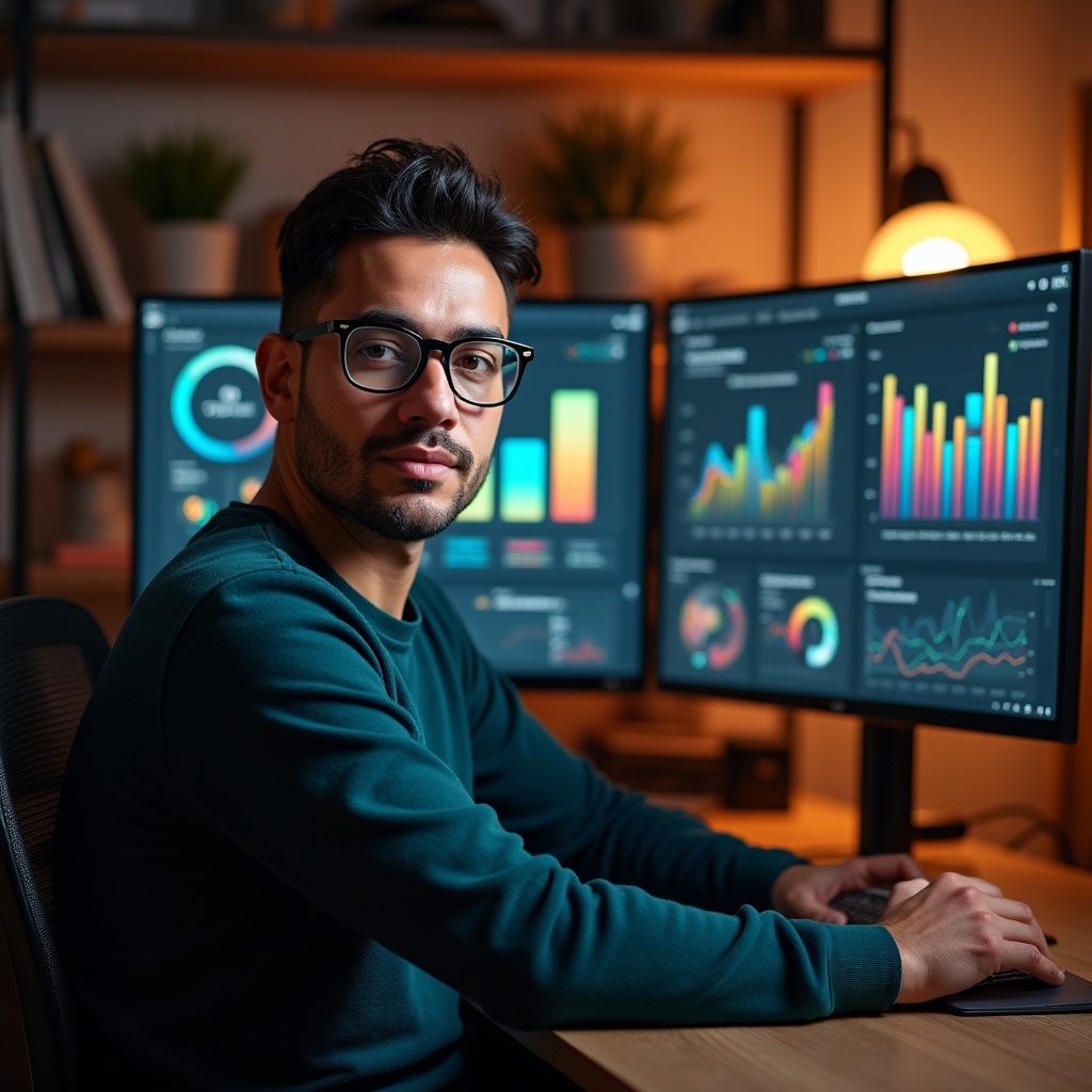 Visual designer working on report infographics and chart components at a dual-monitor workstation